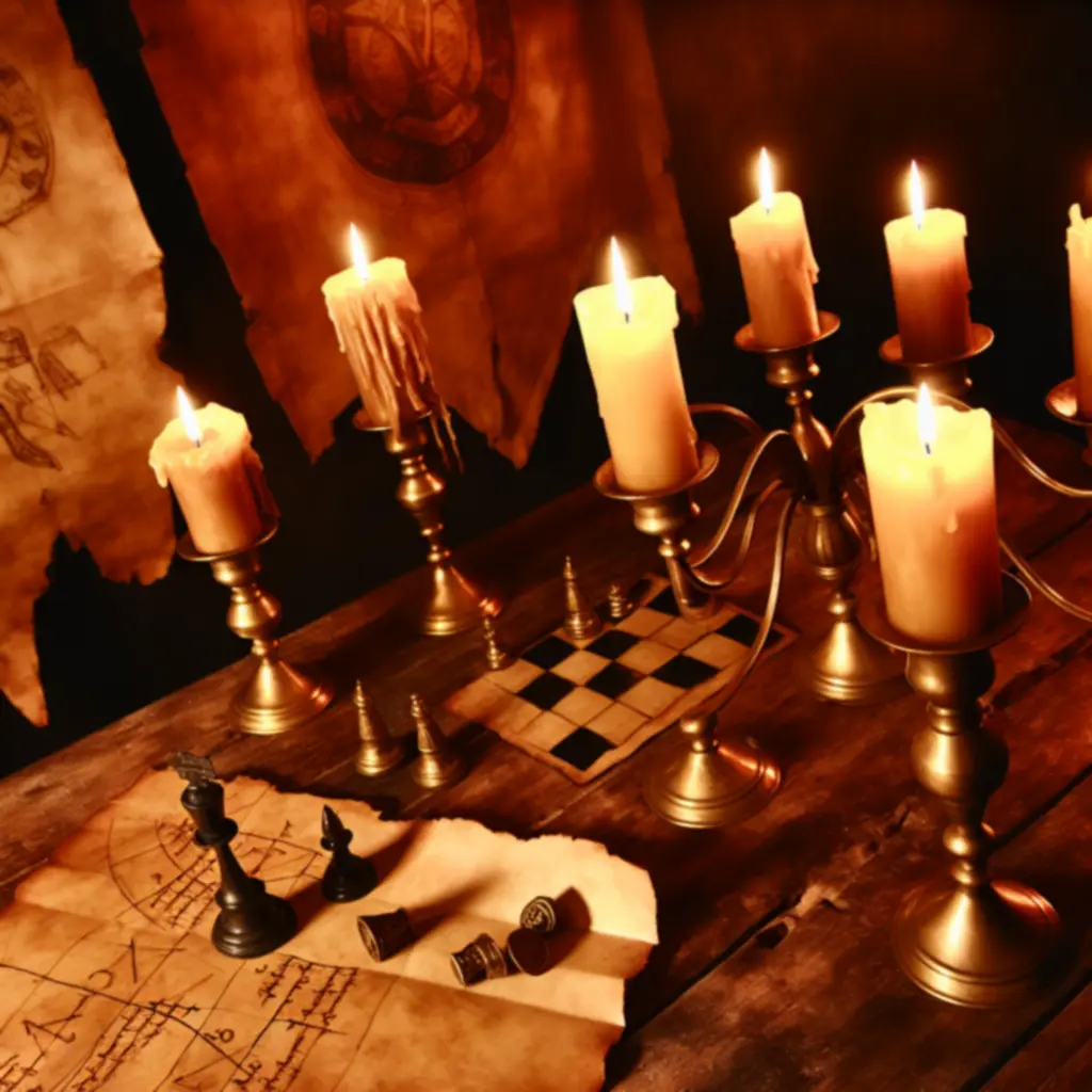 Nastrojowa scena: świeczniki, pergaminy i pionki na mapie kampanii