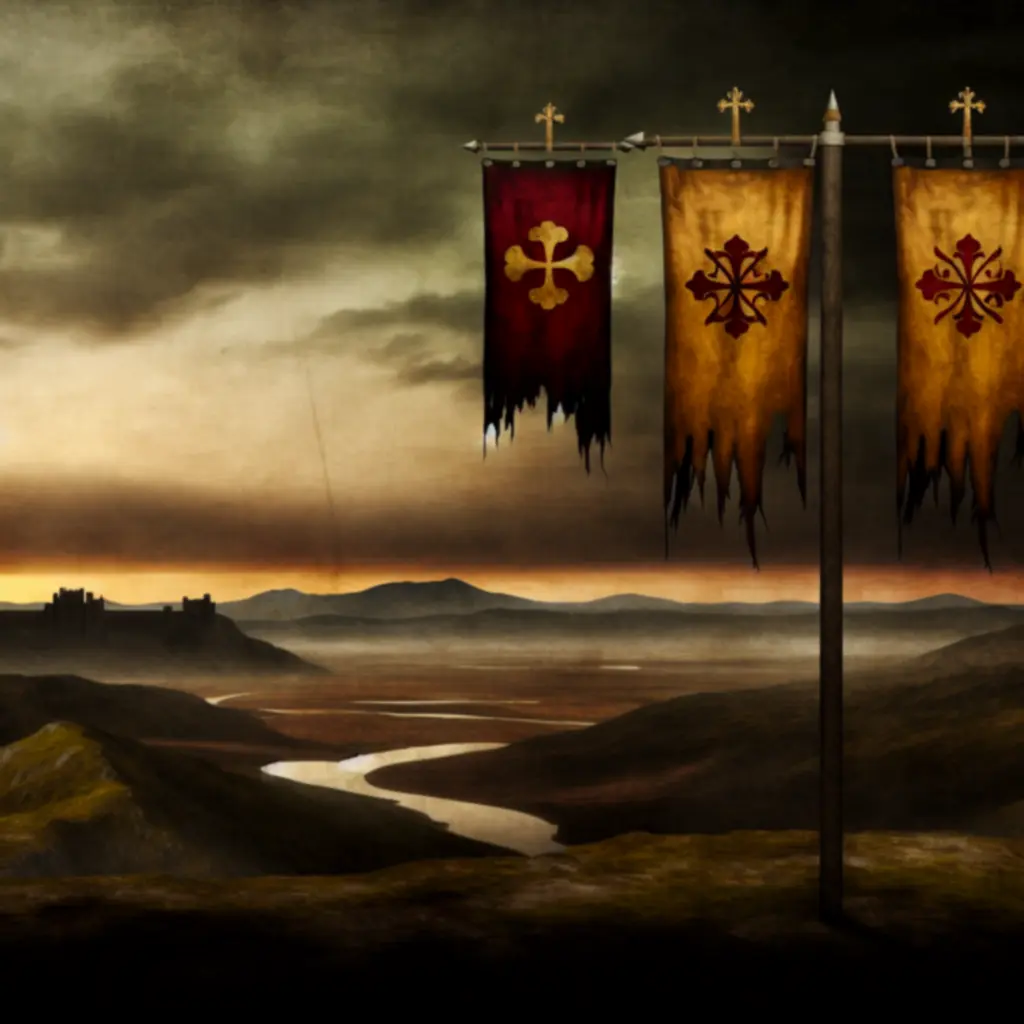 Mroczna rycina przedstawiająca sztandary krucjaty nad rozległą, średniowieczną krainą