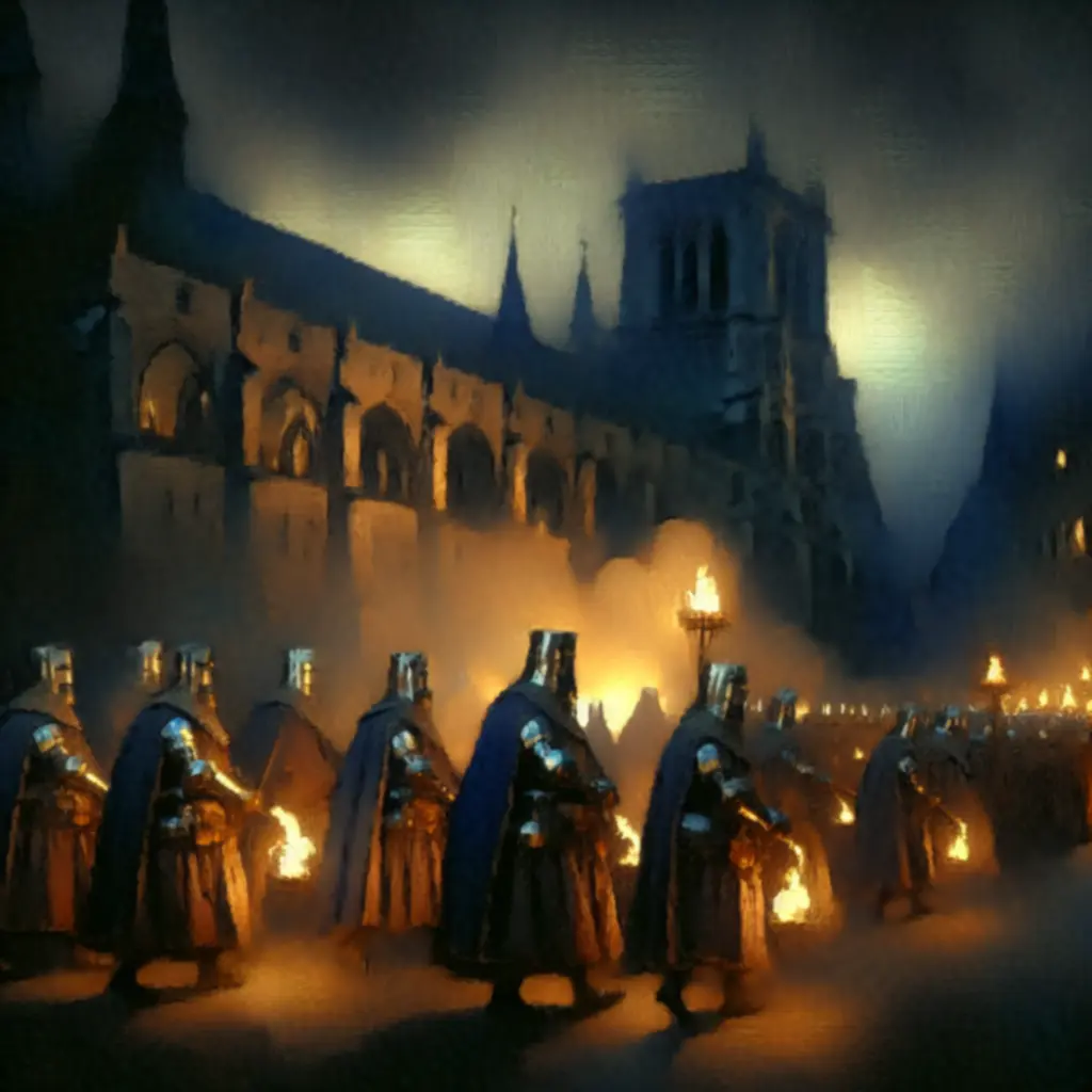 Ilustracja klimatyczna: zastęp pielgrzymów i rycerzy w mroku, na tle średniowiecznego miasta
