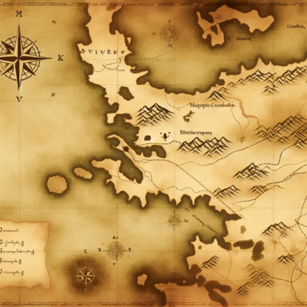 Ręcznie rysowana mapa świata gry ze szlakami pielgrzymów i fortecami