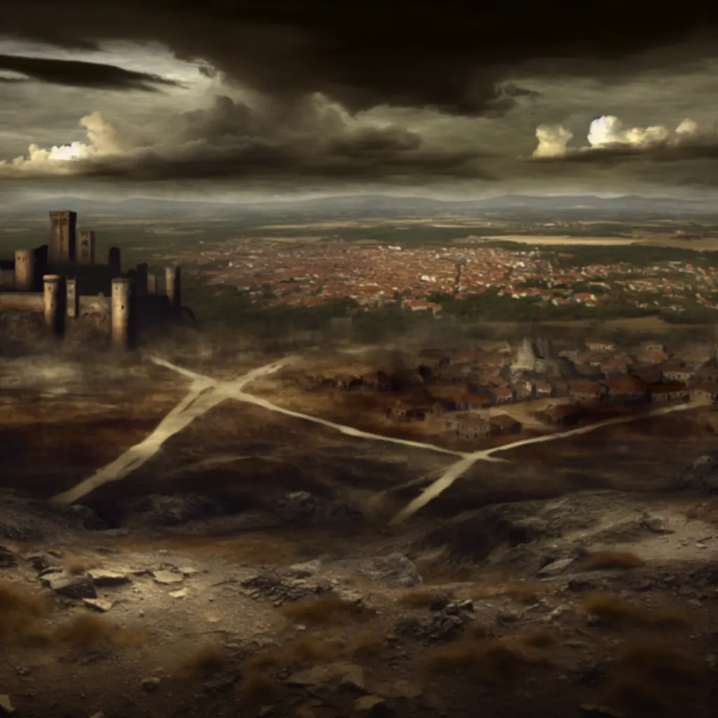 Mroczny, średniowieczny krajobraz świata Drogi Krucjaty